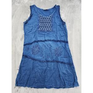 Vintage 90s MY Choice Sleeveless Tie Back Rayon Dress Size L Blue Embroidered